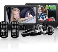 MEVRONISSHOP-DVP-939 - lecteur DVD portable 2 x 9 pouces avec 2 casques et 2 supports d'appui-tête - batterie rechargeable intégrée - entrée USB - lecteur de carte SD - noir
