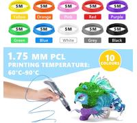 MEVRONISSHOP-Filament PCL Stylo 3D, 10 Couleurs 1,75MM Recharge 3D Pen Filament pour Imprimante 3D à Basse Température, 50 M