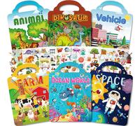 MEVRONISSHOP-Gommettes Enfants 2 3 Ans, 6 Livres d'autocollants Réutilisables Pour Enfants, Livres d'activités Pour Garçons et Filles - Ferme + Animaux + Dinosaures + Monde marin + Espace + Véhicules