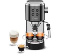 MEVRONISSHOP-Krups Virtuoso+, Machine expresso manuelle, Café à pompe, Café moulu ou dosettes, 15 bars, Inox, Buse vapeur, Espresso et cappuccino, Noire, XP444G10, Acier Noir