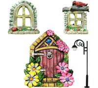 MEVRONISSHOP-Miniature Porte Elfe Fenêtre et Réverbère Set, Porte Elfe Conte de Fées, Porte de Fee, Miniature de Jardin de Fée Porte, Portes de Fée Accessoires pour Décoration Extérieure de Jardin