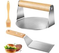 MEVRONISSHOP-Smash Burger kit, Round Presse à Hamburger en Acier Inoxydable Presse Burger avec Poignée en Bois Presse Hamburger avec Spatule Burger et 1 Pinceau pour Teppanyaki, Galettes, Barbecue