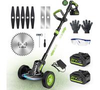 MEVRONISSHOP-Tondeuse à gazon avec batterie, Gisam 8"" Débroussailleuse sans balais avec 2x4.0AH de batterie, Coupe-bordure de jardin avec 3 types de lames, Roues amovibles, Réglage télescopique pour