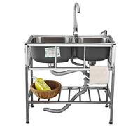 MEVZHH Robinets, Commercial En Acier Inoxydable Double Bol Évier de Cuisine Avec Robinet -Ité Industrielle Pour La Restauration Restaurant, Blanchisserie, Garage - Utilisation Intérieure Extérieure/Ty