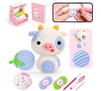 Mewaii Crochet Kit for Beginners Level 2 with 40% Extra Eco-Friendly Pre-Started Easy Yarn, Step-by-Step Video Tutorials for Adults and Kids (Blueberry Cow)