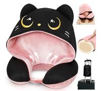 Mewaii Oreiller de Voyage avec Capuche, Oreiller de Cou en Forme de Chat Mignon pour Adolescents et Adultes, Coussin de Nuque en Mousse à mémoire de Forme pour Appui-tête de vol - Rose