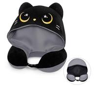 Mewaii Oreiller de Voyage avec Capuche, Oreiller de Cou en Forme de Chat Mignon pour Adolescents et Adultes, Coussin de Nuque en Mousse à mémoire de Forme pour Appui-tête de vol - Gris
