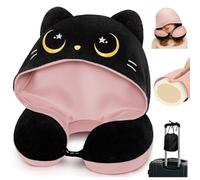 Mewaii Oreiller de Voyage avec Capuche, Oreiller de Cou en Forme de Chat Mignon pour Adolescents et Adultes, Coussin de Nuque en Mousse à mémoire de Forme pour Appui-tête de vol - Rose