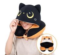Mewaii Oreiller de Voyage avec Capuche, Oreiller de Cou en Forme de Chat Mignon pour Adolescents et Adultes, Coussin de Nuque en Mousse à mémoire de Forme pour Appui-tête de vol - Flip Noir