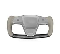 MEWANT Housse de volant de voiture cousue à la main en fibre de carbone mate + cuir véritable gris pour Tesla Yoke Model S Plaid 2021-2023/modèle X 2021-2023