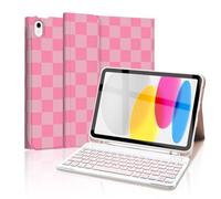 Mewealth Étui avec clavier pour iPad 11e/10e génération, housse de clavier folio sans fil amovible avec porte-crayon pour 11{^>e<^} A16 11" 2025, 10e génération 10,9" 2022, carreaux rose vif