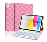 Mewealth Étui avec clavier, rétroéclairage LED sans fil avec porte-crayon pour iPad 11e et 10e génération, 11" 2025, 10e génération 10,9" 2022, carreaux rose vif