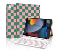 Mewealth Étui clavier pour iPad 9e/8e/7ème génération 10,2" avec porte-crayon, housse de clavier amovible pour iPad Pro 10,5", iPad Air 3e, carreaux vert-rose
