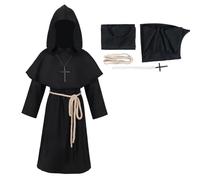 mewjoy Vêtements médiévaux pour enfant - Robe de moine Renaissance - Avec capuche - Cape, frère - Costume de prêtre - Pour Halloween, carnaval, fête, cosplay - Noir - Taille S
