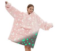Mewkou Couverture à capuche portable phosphorescente pour adulte, couverture polaire sherpa surdimensionnée pour homme et femme, lune et étoiles lumineuses
