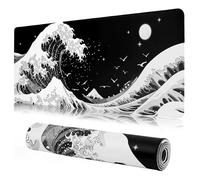 MEWOOCUE® Tapis de souris de jeu pour bureau, grand tapis de souris motif vagues de mer pour ordinateur portable, noir et blanc, tapis de souris à motif d'anime japonais, long et XXL, imperméable,