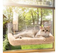 MEWOOFUN Hamac de fenêtre pour chat d'intérieur - Perchoir de fenêtre pliable avec tapis réversible, ventouses puissantes améliorées, robuste (marron, M - avec lit)