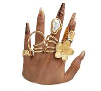 Mexegy Ensemble de bagues dorées à grosses perles baroques et fleurs, martelées, réglables et plissées, géométriques, accessoires de bijoux de fête punk, cadeau pour femme
