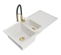 Mexen Andres évier en granit 1,5 bac avec égouttoir et robinet de cuisine Aster, blanc - 6515-20-73450-57-G 19290 5905315047588