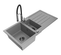 Mexen Andres Évier en granit 1,5 cuves avec égouttoir et robinet de cuisine Aster, gris - 6515-71-73450-07-B 19299 5905315047694