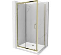 Mexen Apia cabine de douche coulissante 90 x 100 cm, transparente, dorée + receveur Flat, blanc - 840-090-100-50-00-4010G 14754 5907709152304