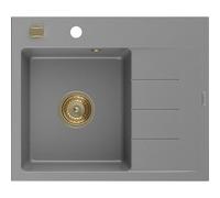Mexen Ben évier de cuisine en granit 1 bac avec égouttoir, gauche 600 x 500 mm, gris, siphon doré - 6522605000-71-G 53260 5905315462022
