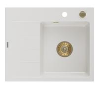 Mexen Ben Évier en granit 1 bac avec égouttoir, droit 600 x 500 mm, blanc, siphon doré - 6523605000-20-G 53273 5905315462145