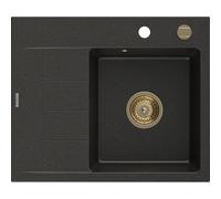 Mexen Ben évier en granit 1 bac avec égouttoir, droit 600 x 500 mm, noir/doré métallique, siphon doré - 6523605000-75-G 53277 5905315462183