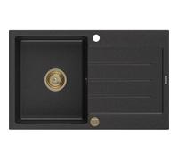 Mexen Bruno évier en granit 1 bac avec égouttoir 795 x 495 mm, noir/argent métallisé, siphon doré - 6513791010-73-G 16208 5905315012142