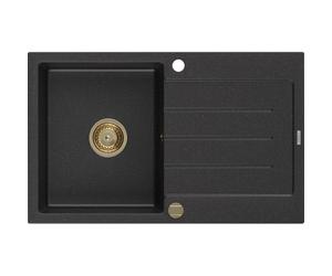 Mexen Bruno évier en granit 1 bac avec égouttoir 795 x 495 mm, noir/argent métallisé, siphon doré - 6513791010-73-G 16208 5905315012142