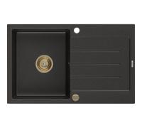 Mexen Bruno évier en granit 1 bac avec égouttoir 795 x 495 mm, noir/doré métallique, siphon doré - 6513791010-75-G 16209 5905315012159