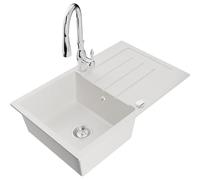 Mexen Bruno évier en granit 1 bac avec égouttoir et mitigeur d'évier Savita, blanc - 6513-20-672601-00 17728 5905315035448