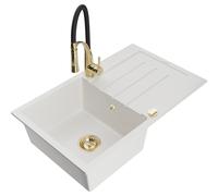 Mexen Bruno Évier en granit 1 bac avec égouttoir et robinet de cuisine Aster, blanc - 6513-20-73450-57-G 19217 5905315046741