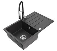 Mexen Bruno évier en granit 1 bac avec égouttoir et robinet de cuisine Aster, noir moucheté - 6513-76-73450-07 19240 5905315047021