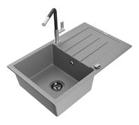 Mexen Bruno évier en granit 1 bac avec égouttoir et robinet de cuisine Flora, gris - 6513-71-670401-07-B 20930 5905315061133