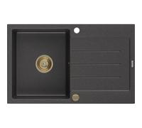 Mexen Bruno évier en granit à 1 bac avec égouttoir 795 x 495 mm, noir moucheté, siphon doré - 6513791010-76-G 16210 5905315012166