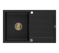 Mexen Bruno évier en granit à 1 bac avec égouttoir 795 x 495 mm, noir, siphon doré - 6513791010-77-G 16211 5905315012173