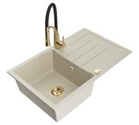 Mexen Bruno évier en granit à 1 bac avec égouttoir et robinet de cuisine Aster, beige - 6513-69-73450-57-G 19222 5905315046802