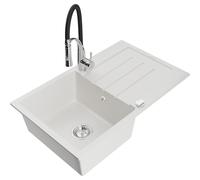 Mexen Bruno évier en granit à 1 bac avec égouttoir et robinet de cuisine Aster, blanc - 6513-20-73450-07 19215 5905315046727