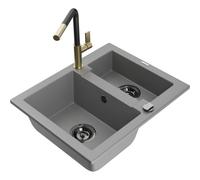 Mexen Carlos évier en granit 1,5 bac avec robinet de cuisine Flora, gris - 6518-71-670401-57-B 21184 5905315063656