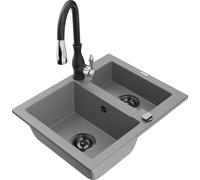 Mexen Carlos évier en granit 1,5-bac avec un robinet de cuisine Savita, gris - 6518-71-672601-70-B 18289 5905315037152