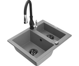 Mexen Carlos évier en granit 1,5-bac avec un robinet de cuisine Savita, gris - 6518-71-672601-70-B 18289 5905315037152