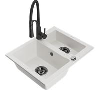 Mexen Carlos évier en granit 1,5 cuves avec robinet de cuisine Aster, blanc - 6518-20-73450-70-B 19405 5905315048868