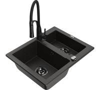 Mexen Carlos évier granit 1,5 cuves avec robinet de cuisine Aster, noir/or métallique - 6518-75-73450-70-B 19425 5905315049100