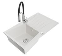 Mexen Cesar évier en granit 1 bac avec égouttoir et robinet de cuisine Aster, blanc - 6514-20-73450-07 19252 5905315047144