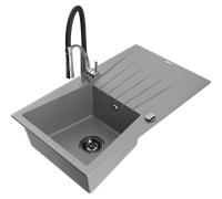 Mexen Cesar évier en granit 1 bac avec égouttoir et robinet de cuisine Aster, gris - 6514-71-73450-07-B 19263 5905315047274