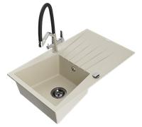 Mexen Cesar évier en granit 1 bac avec égouttoir et robinet de cuisine Duo, beige - 6514-69-671701-07-B 22889 5905315102317