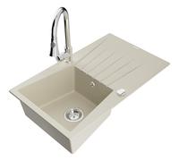 Mexen Cesar évier en granit 1 bac avec égouttoir et robinet de cuisine Elia, beige - 6514-69-670101-00 19952 5905315030696