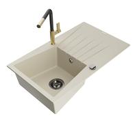 Mexen Cesar évier en granit 1 bac avec égouttoir et robinet de cuisine Flora, beige - 6514-69-670401-57-B 20975 5905315061584