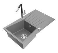 Mexen Cesar évier en granit 1 bac avec égouttoir et robinet de cuisine Flora, gris - 6514-71-670401-07 20979 5905315061621